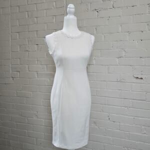 Calvin Klein Women's 4P, White Midi-Length Sleeveless Dress w/ Lace Applique